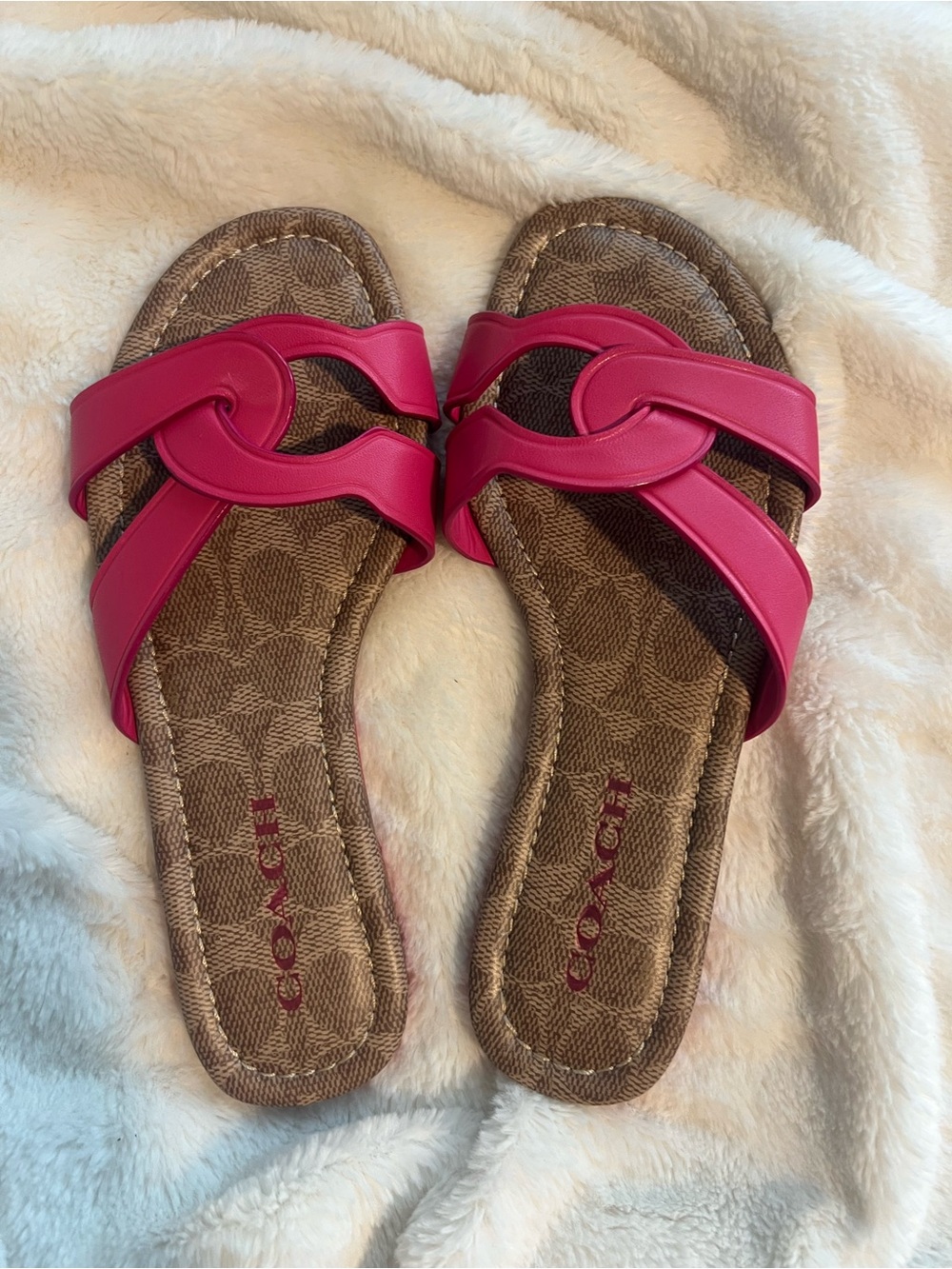 COACH Hot Pink Leather Slide Sandals with Signature Canvas Insole
